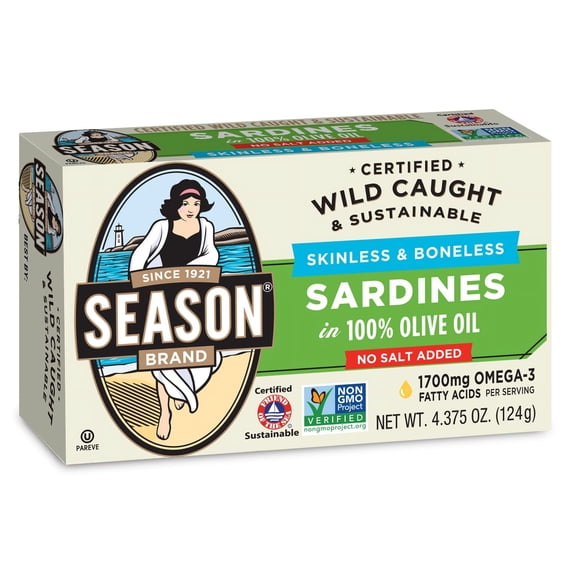 Season Skinless & Boneless Sardines in Olive Oil, No Salt Added, 4.375-Ounce Tins (Pack of 6)