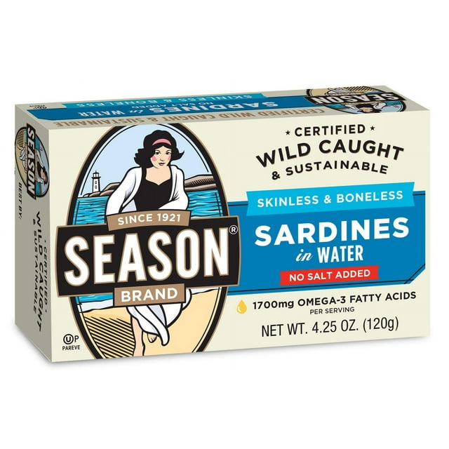 Season Skinless and Boneless Sardines in Water, No Salt Added, 4.25