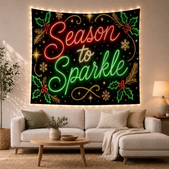 Season to Sparkle Neon Sign Against Festive Black Background, Energetic Digital Art for Holiday Decor Lovers, Festive Wall Art Christmas Gift Tapestry Wall Hanging for Bedroom and Living Room
