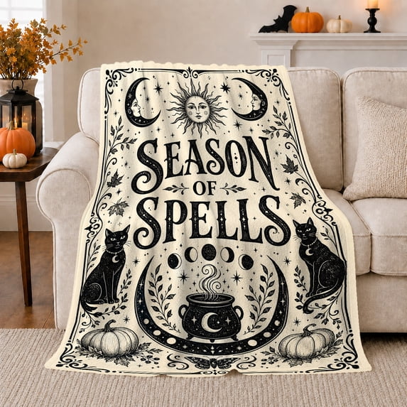Season Of Spells Mystical Witchy Celestial, Mystical Celestial Art Scene, Warm Flannel Blanket for Living Room and Bedroom, Cat Lovers Halloween Gift, Festive Home Decor