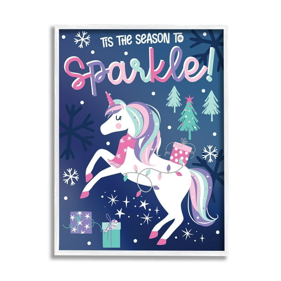 Season To Sparkle Whimsical Christmas Unicorn Snowflakes Fairy Tales & Fantasy Graphic Art Framed Art Print Wall Art