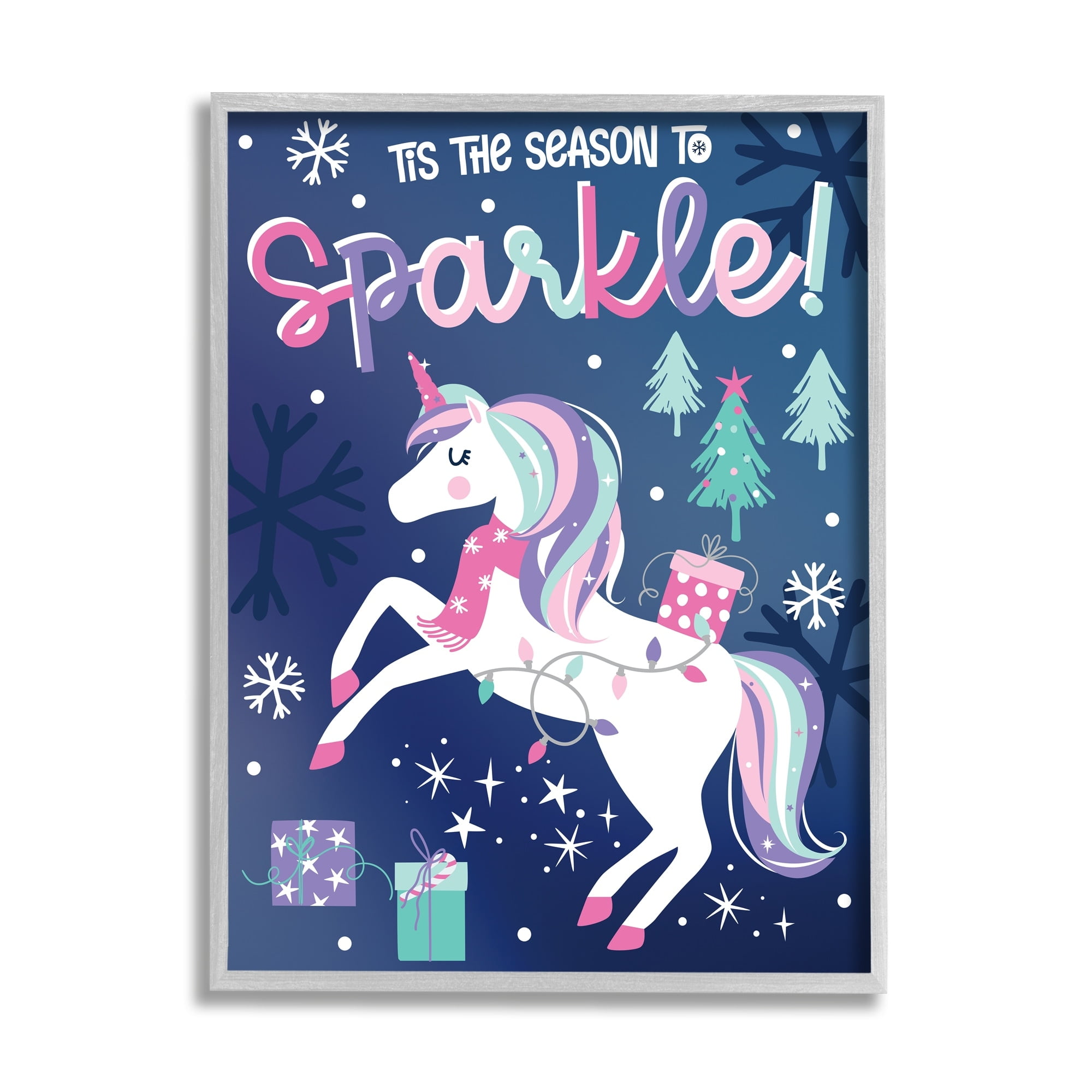 Season To Sparkle Whimsical Christmas Unicorn Snowflakes Fairy Tales & Fantasy Graphic Art Framed Art Print Wall Art