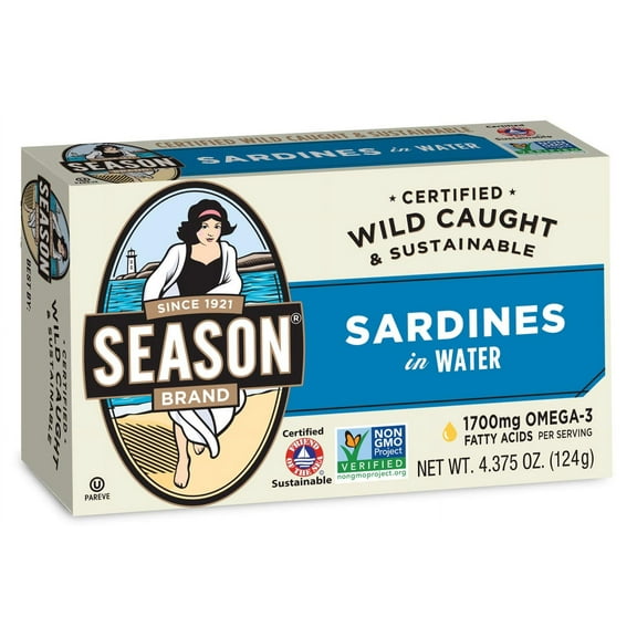 Season Wild Caught Sardines in Water, 12 Pack, 4.37oz, High Protein, Low Calories, Omega-3, Sustainable Seafood