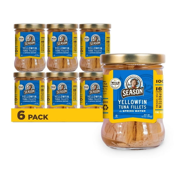 Season Wild Caught Yellowfin Tuna Fillets in Spring Water- Glass Jar - 6 Pack, 6.7 Oz