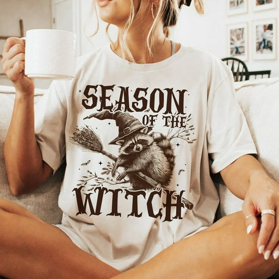 Season of the Witch T-Shirt, Funny Halloween Raccoon Tee, Feral Girl Fall Shirt, Spooky Graphic Tee for Women, Retro Witch Vibes