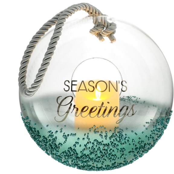 Season's Greetings - 9.5" Emerald Beaded Glass Lantern