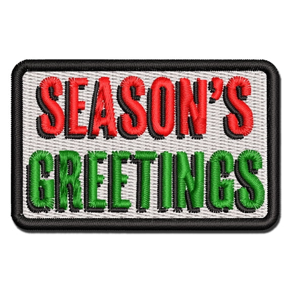 Season's Greetings Christmas Drop Shadow Text Applique Multi-Color Embroidered Iron-On Patch - 2.0 Inch Mini