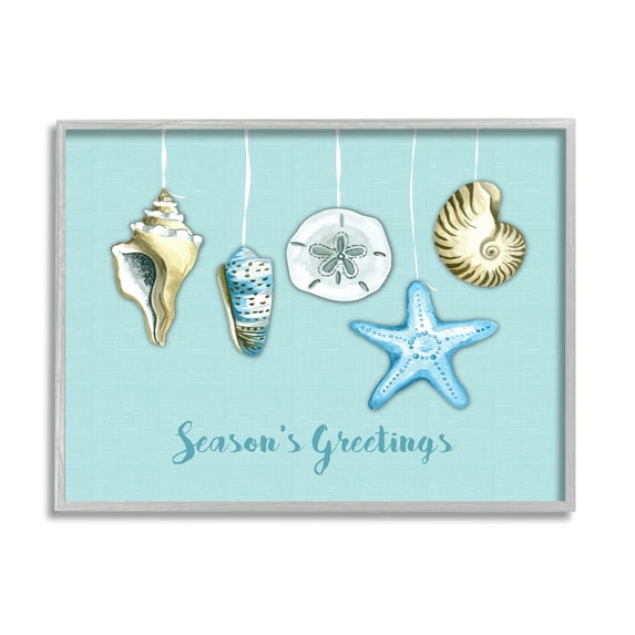 Season's Greetings Festive Beach Holiday Seashells Hanging Coastal Graphic Art Framed Art Print Wall Art