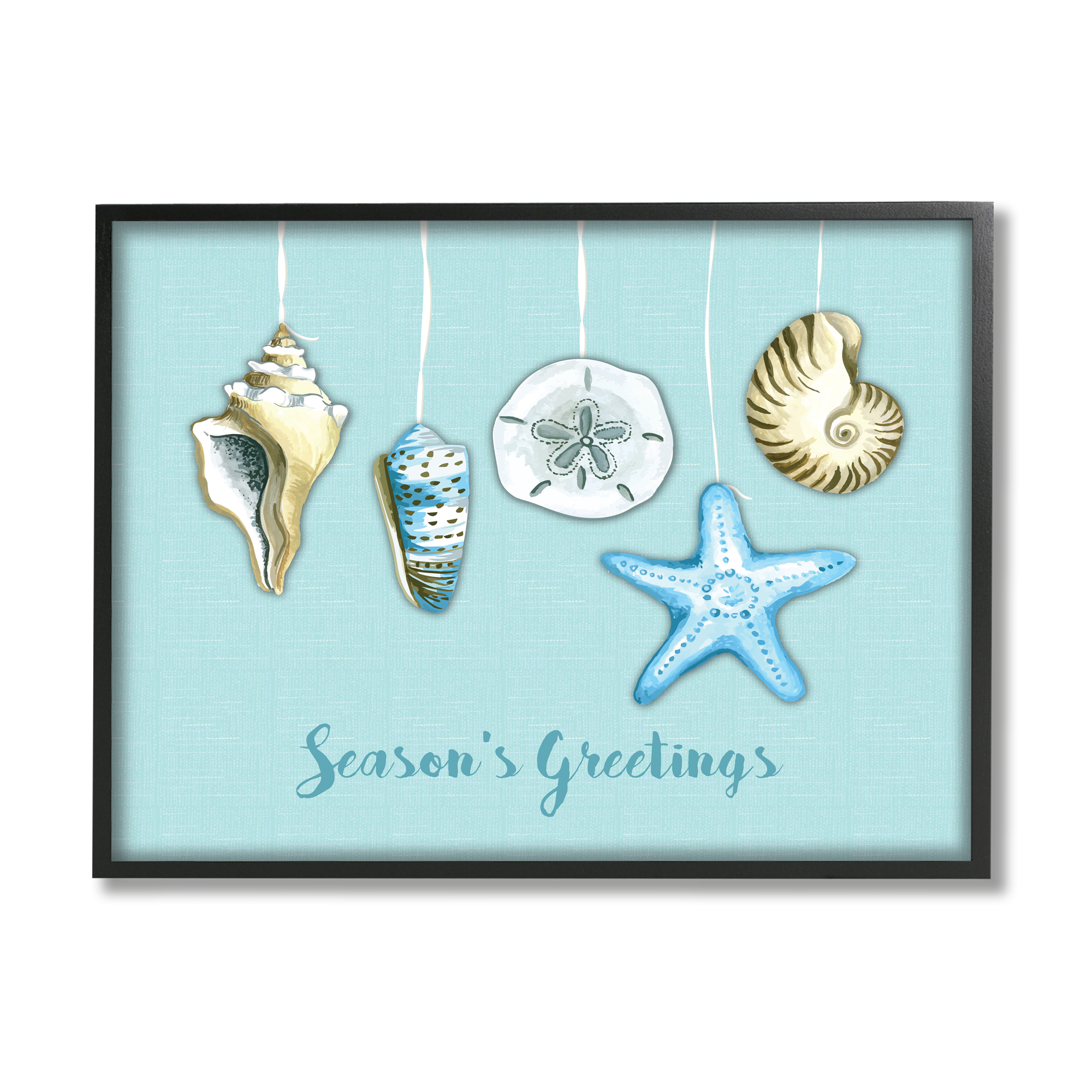 Season's Greetings Festive Beach Holiday Seashells Hanging Coastal Graphic Art Framed Art Print Wall Art