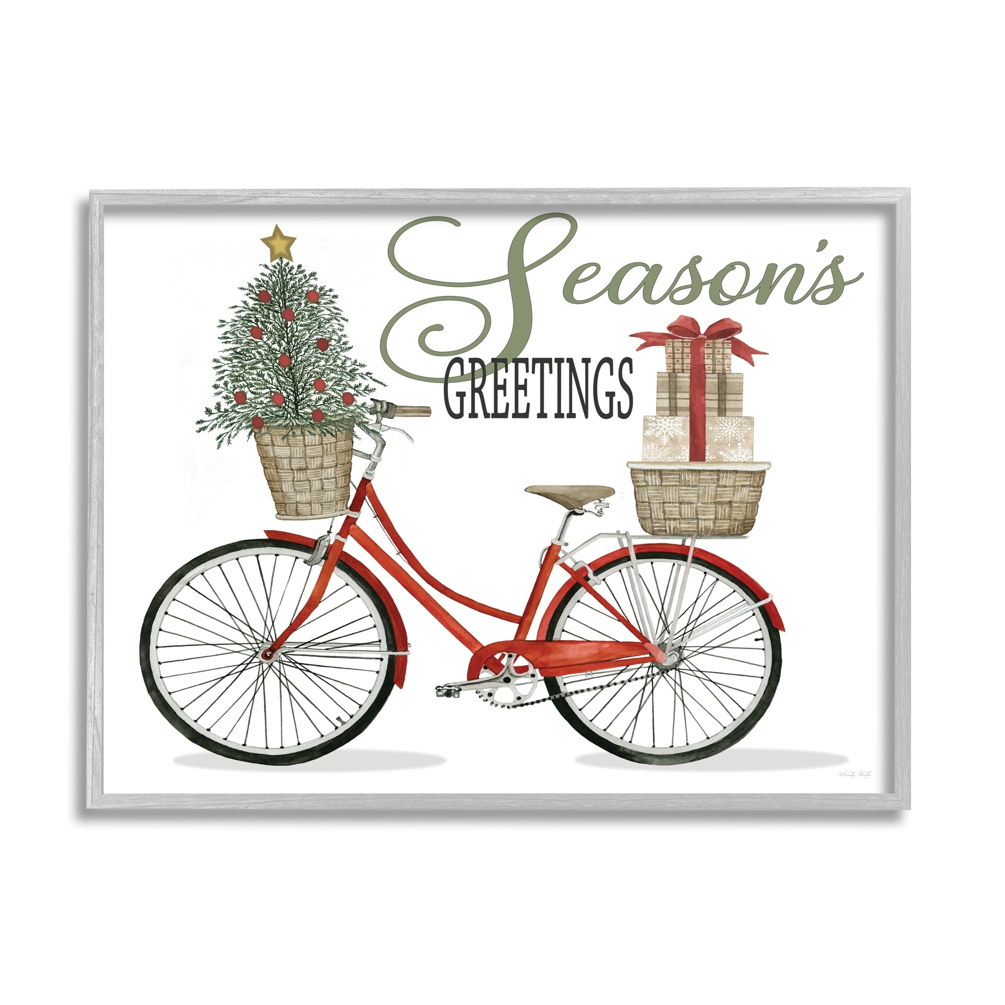 Season's Greetings Festive Holiday Bicycle Gifts Basket Inspirational Graphic Art Framed Art Print Wall Art