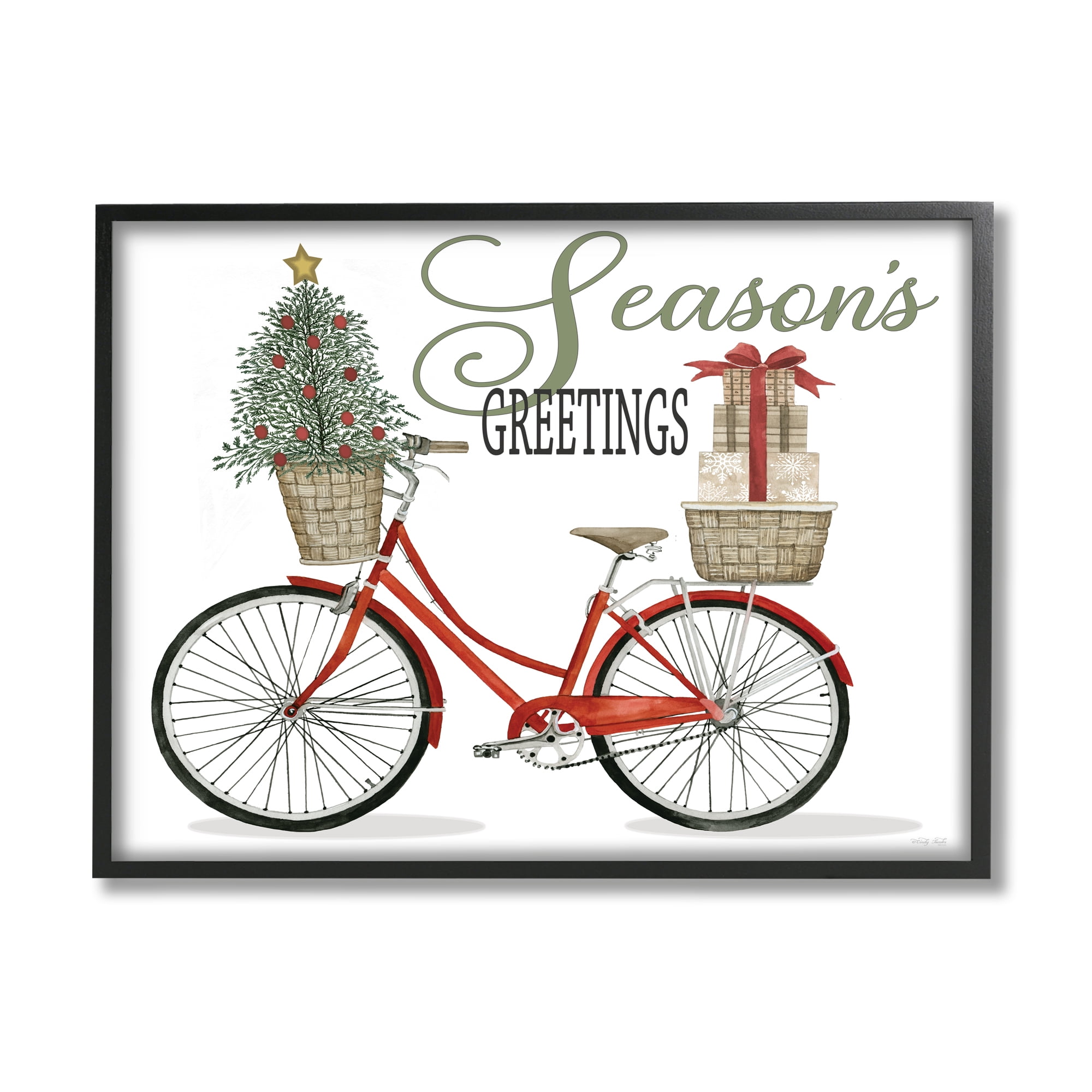 Season's Greetings Festive Holiday Bicycle Gifts Basket Inspirational Graphic Art Framed Art Print Wall Art