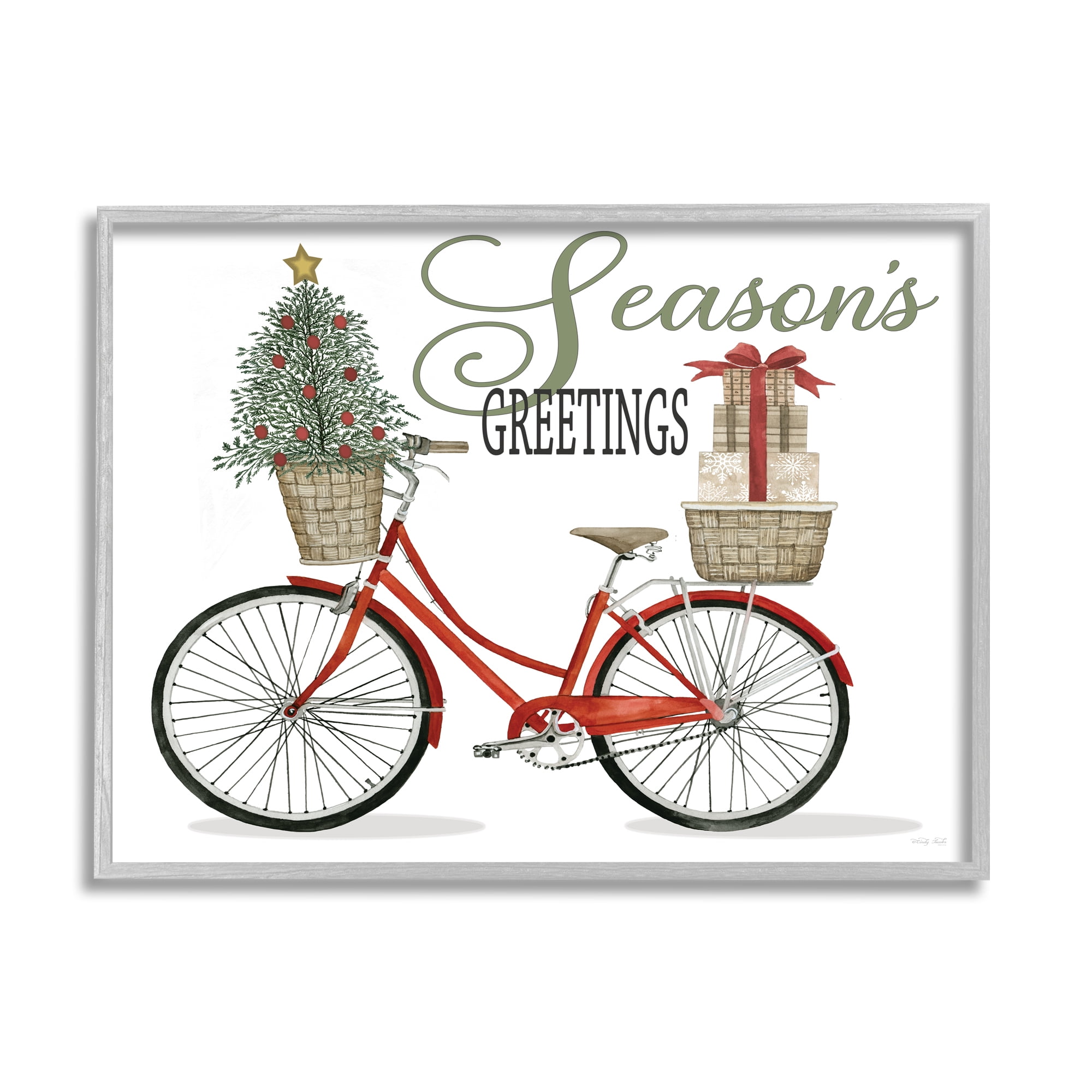 Season's Greetings Festive Holiday Bicycle Gifts Basket Inspirational Graphic Art Framed Art Print Wall Art