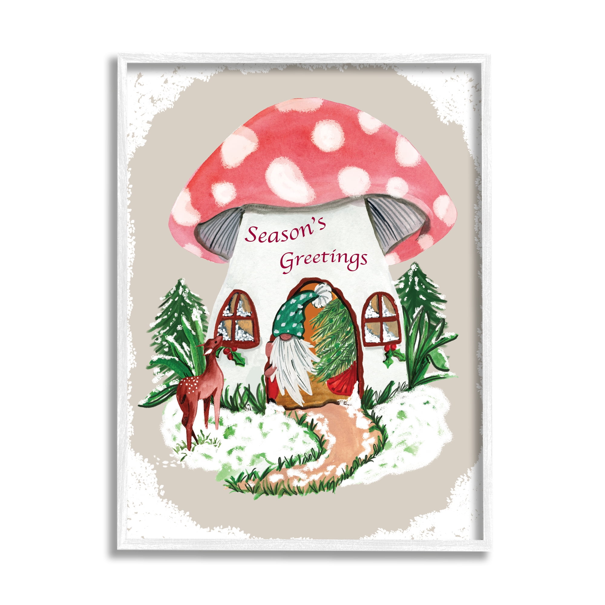 Season's Greetings Gnome Forest Mushroom House Garden Creature 16 in x 20 in Framed Painting Art Print, by Stupell Home Décor