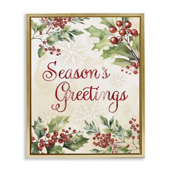 Stupell Industries - Season's Greetings Holly Berries Gold Floating Frame Canvas Art, 25 x 31, Made In USA