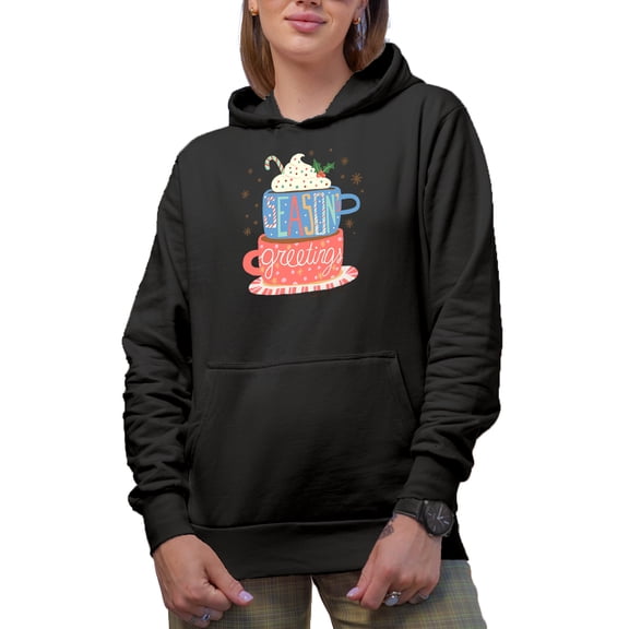 Season's Greetings, Peace, Joy, Love & Hot Cocoa Mug Art, Black Hooded Sweatshirt or Hoodie, Small