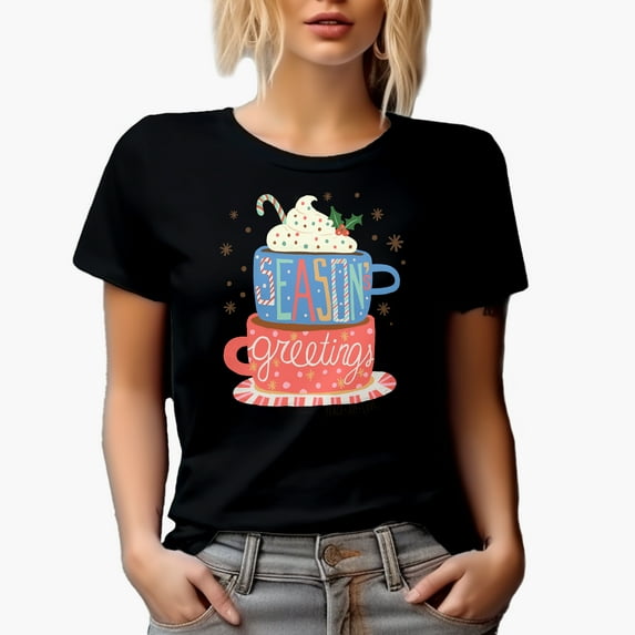 Season's Greetings, Peace, Joy, Love & Hot Cocoa Mug Art, Black T-Shirt, 3XL