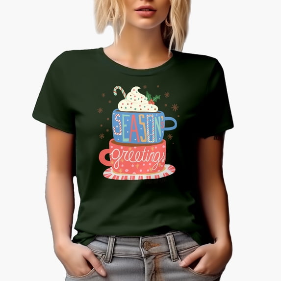 Season's Greetings, Peace, Joy, Love & Hot Cocoa Mug Art, Military Green T-Shirt, Small