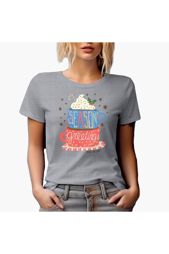Season's Greetings, Peace, Joy, Love with Christmas Mugs Art Merch Gift, Heather Grey T-Shirt, Small