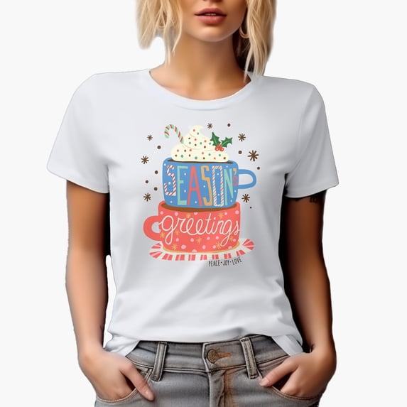 Season's Greetings, Peace, Joy, Love with Christmas Mugs Art Merch Gift, White T-Shirt, Medium