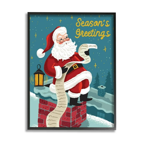 Season's Greetings Santa's List Chimney Holiday Graphic Art Black Framed Art Print Wall Art