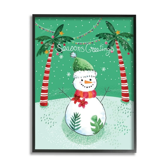 Season's Greetings Tropical Striped Palm Trees Snowman Landscape Graphic Art Framed Art Print Wall Art