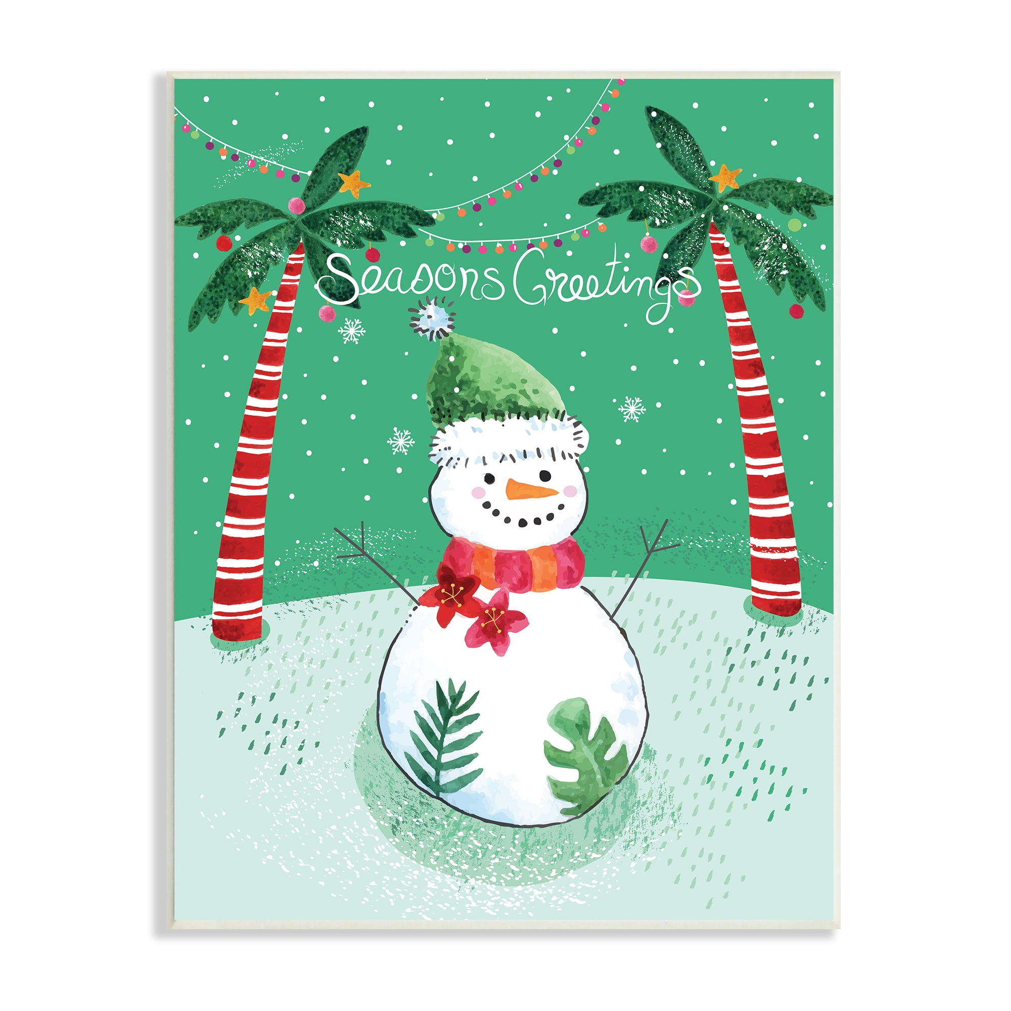Season's Greetings Tropical Striped Palm Trees Snowman Landscape Graphic Art Unframed Art Print Wall Art