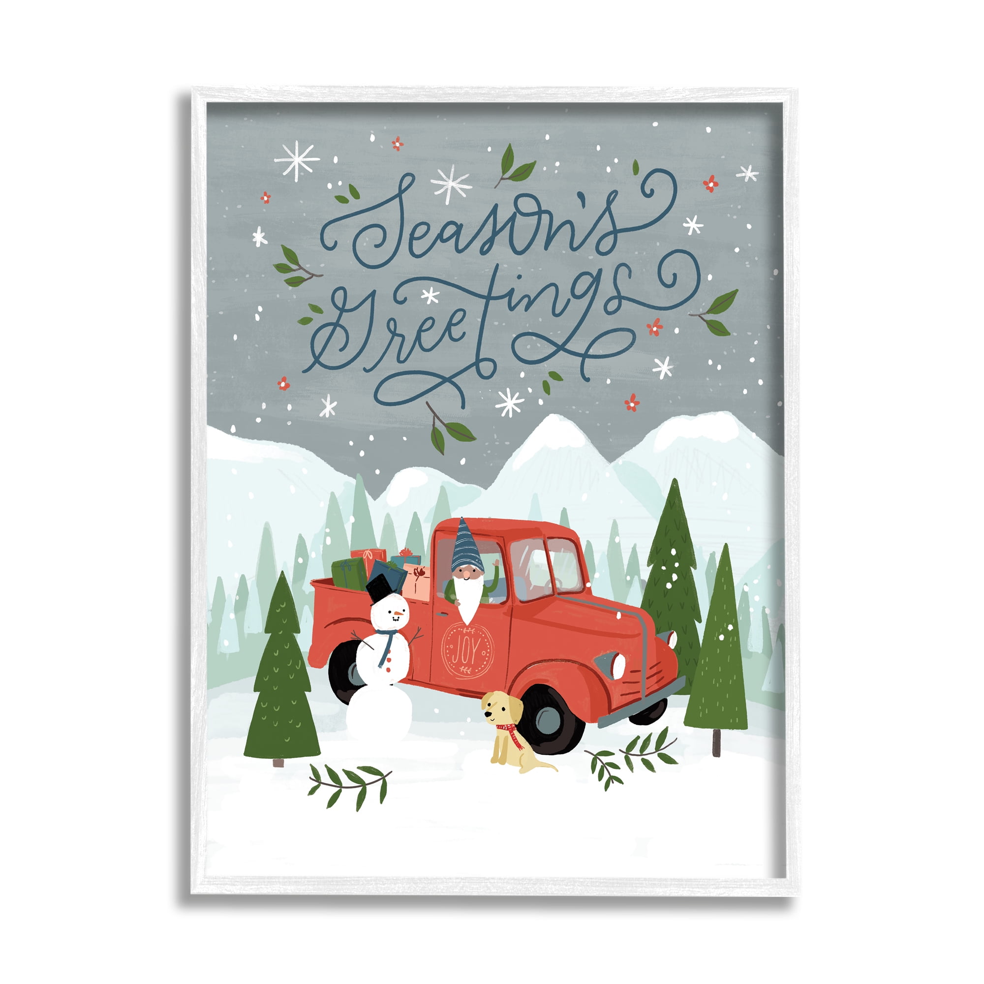 Season's Greetings Whimsical Snowman & Truck Illustration Transportation Graphic Art Framed Art Print Wall Art