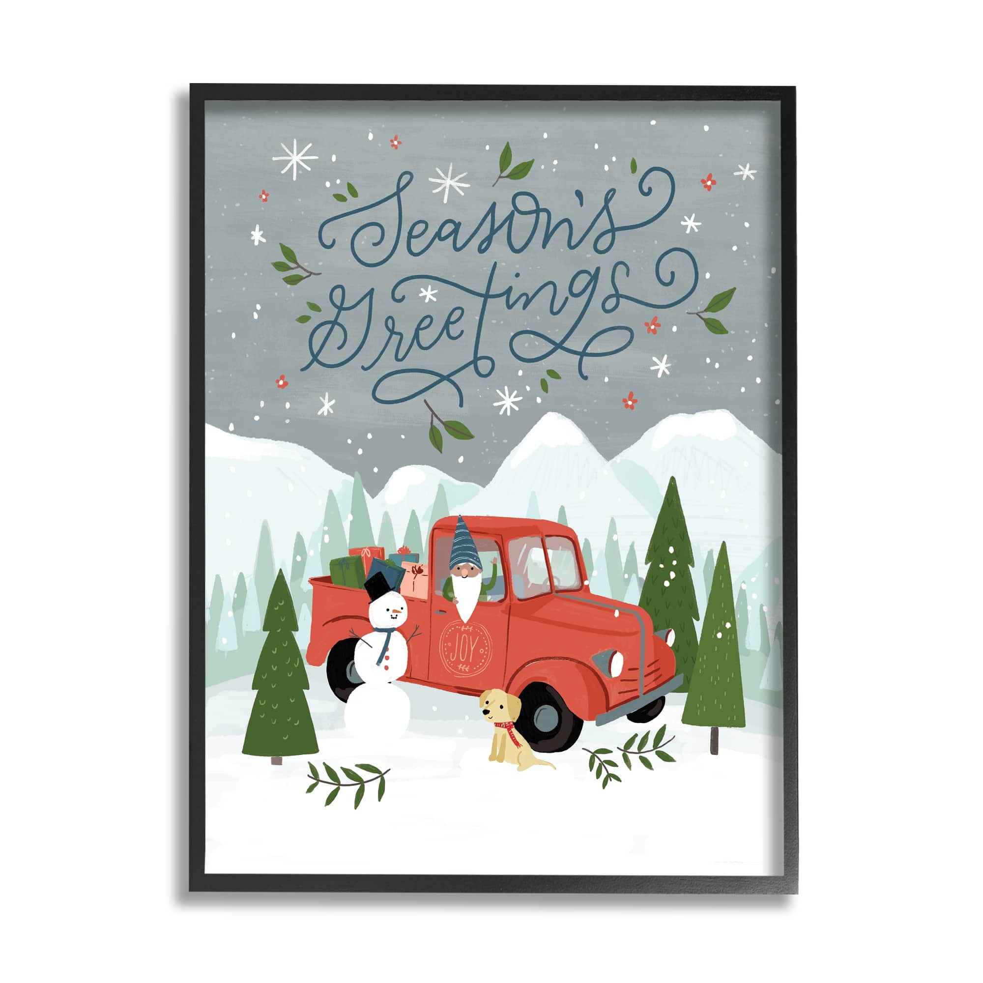 Season's Greetings Whimsical Snowman & Truck Illustration Transportation Graphic Art Framed Art Print Wall Art