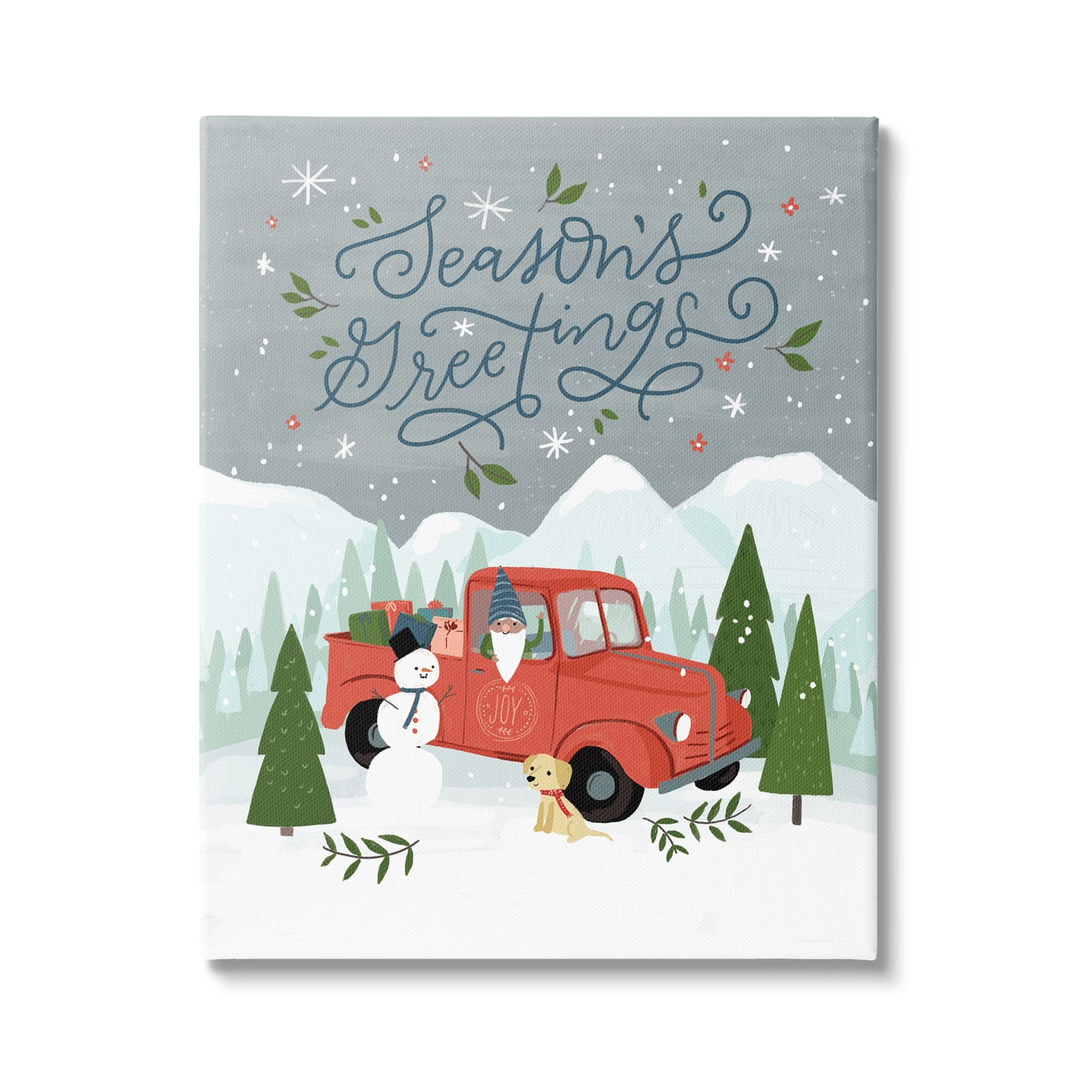 Season's Greetings Whimsical Snowman & Truck Illustration Transportation Graphic Art Gallery-Wrapped Canvas Print Wall Art