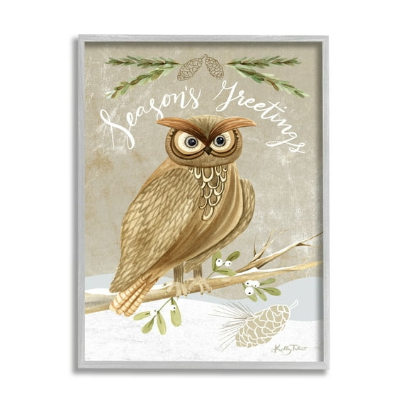 Season's Greetings Winter Snowscape Owl Perched Pinecones Animals & Insects Graphic Art Framed Art Print Wall Art