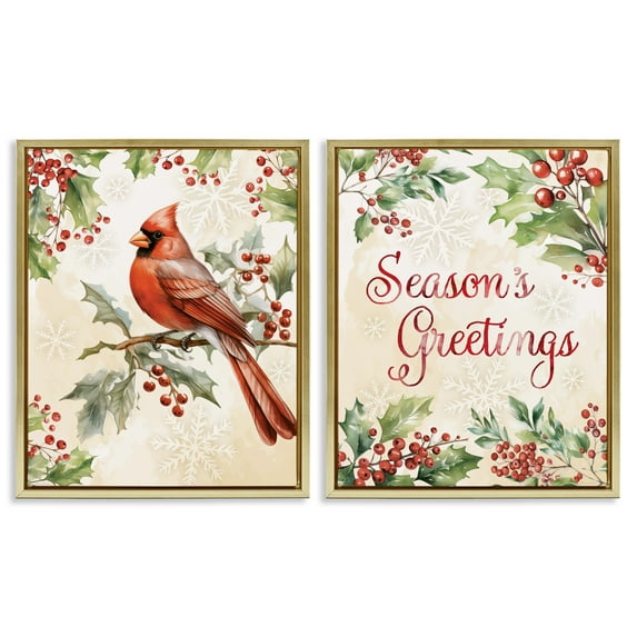 Stupell Industries Season's Greetings and Cardinal 2 Piece Gold Framed Floater Canvas Set, design by Nicole DeCamp, 31 x 25