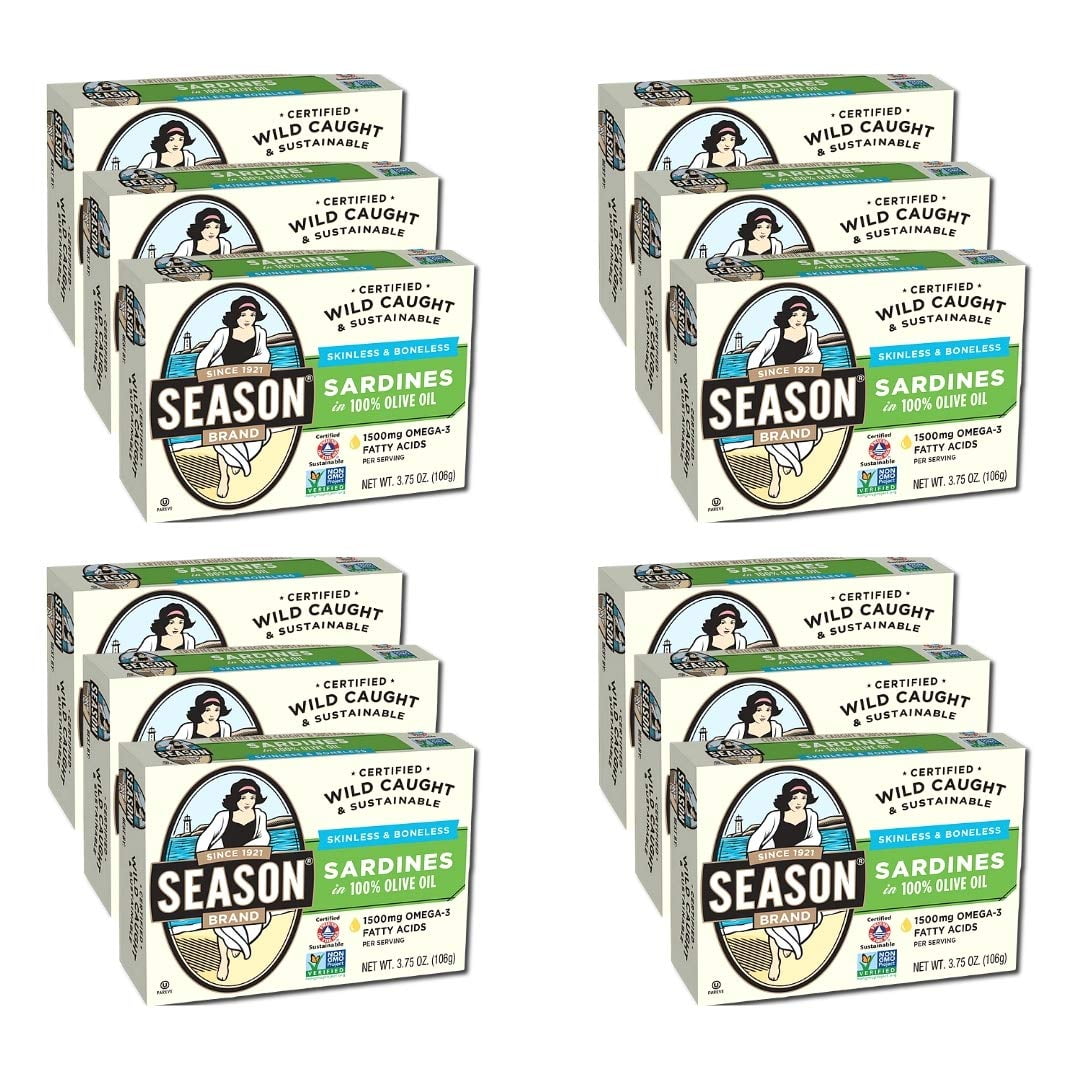 Season's Skinless and Boneless Sardines in Pure Olive Oil. Imported From Morocco 3.75oz (Pack of 12)