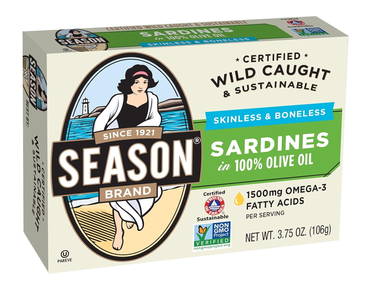 Season's Skinless and Boneless Sardines in Pure Olive Oil. Imported From Morocco 3.75oz (Pack of 12)