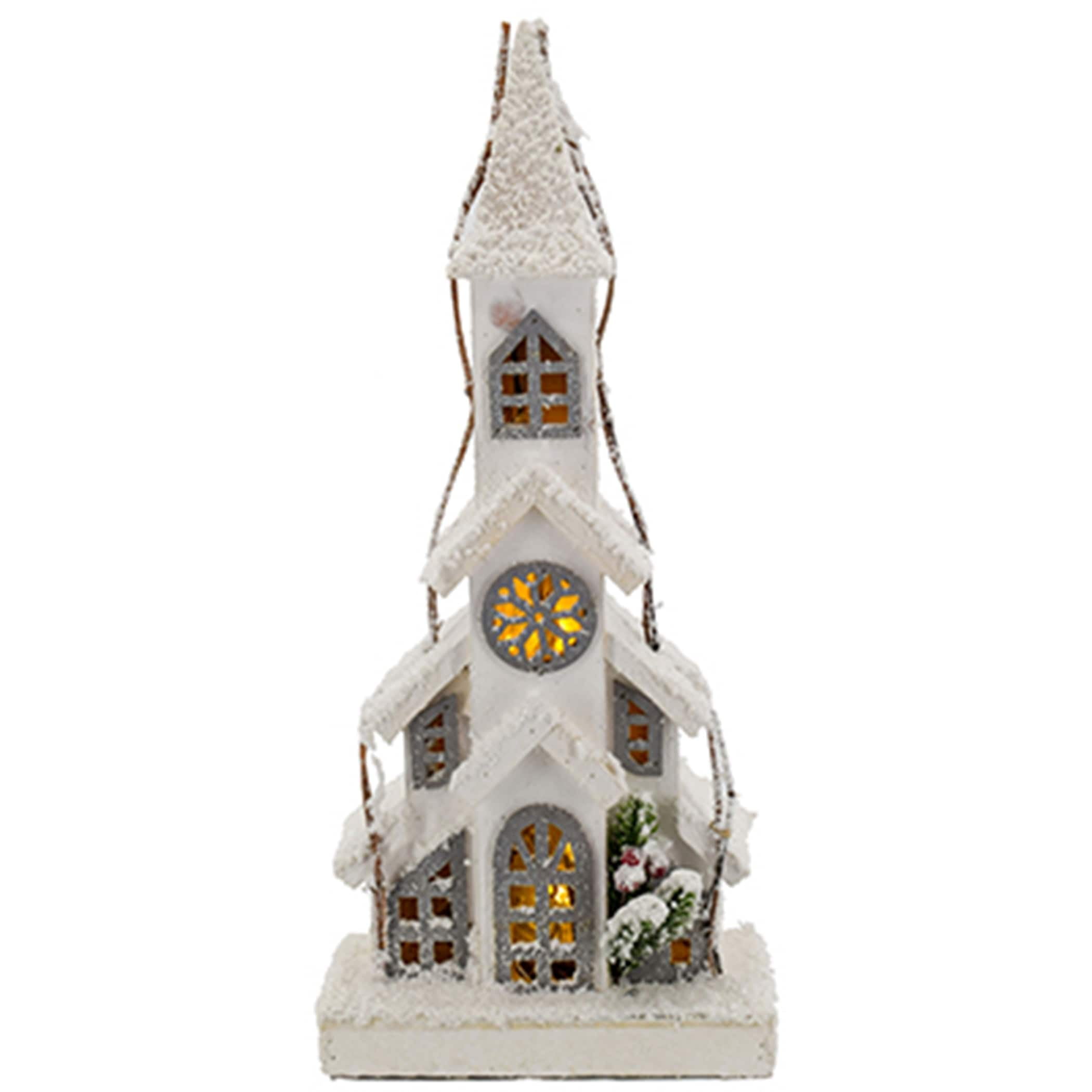 Seasonal Abode A&B Home Wood Church with Glitter Snow and LED Lights