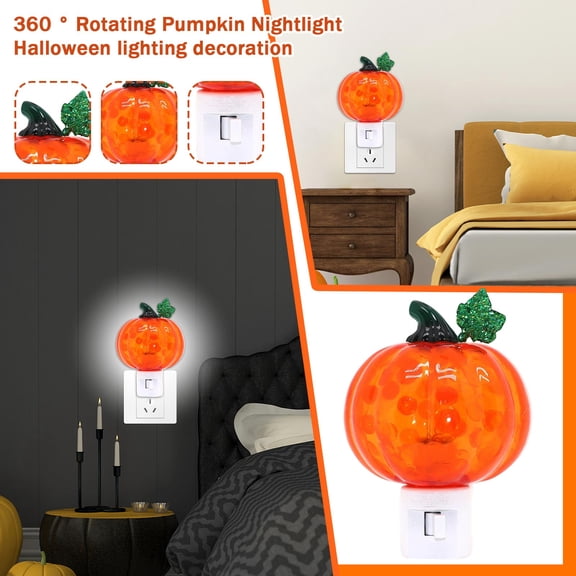 Seasonal Ambient Lighting, Halloween Light Up Decor, Pumpkin Night Light Plug In, Halloween Decorations for Bedroom, 4X3.5 Inch 1Pc 360° Rotatable Led Pumpkin Plug in Night Light,