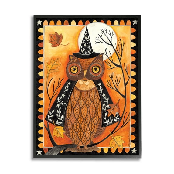 Seasonal Autumn Owl Moonlit Night Holiday Graphic Art Black Framed Art Print Wall Art
