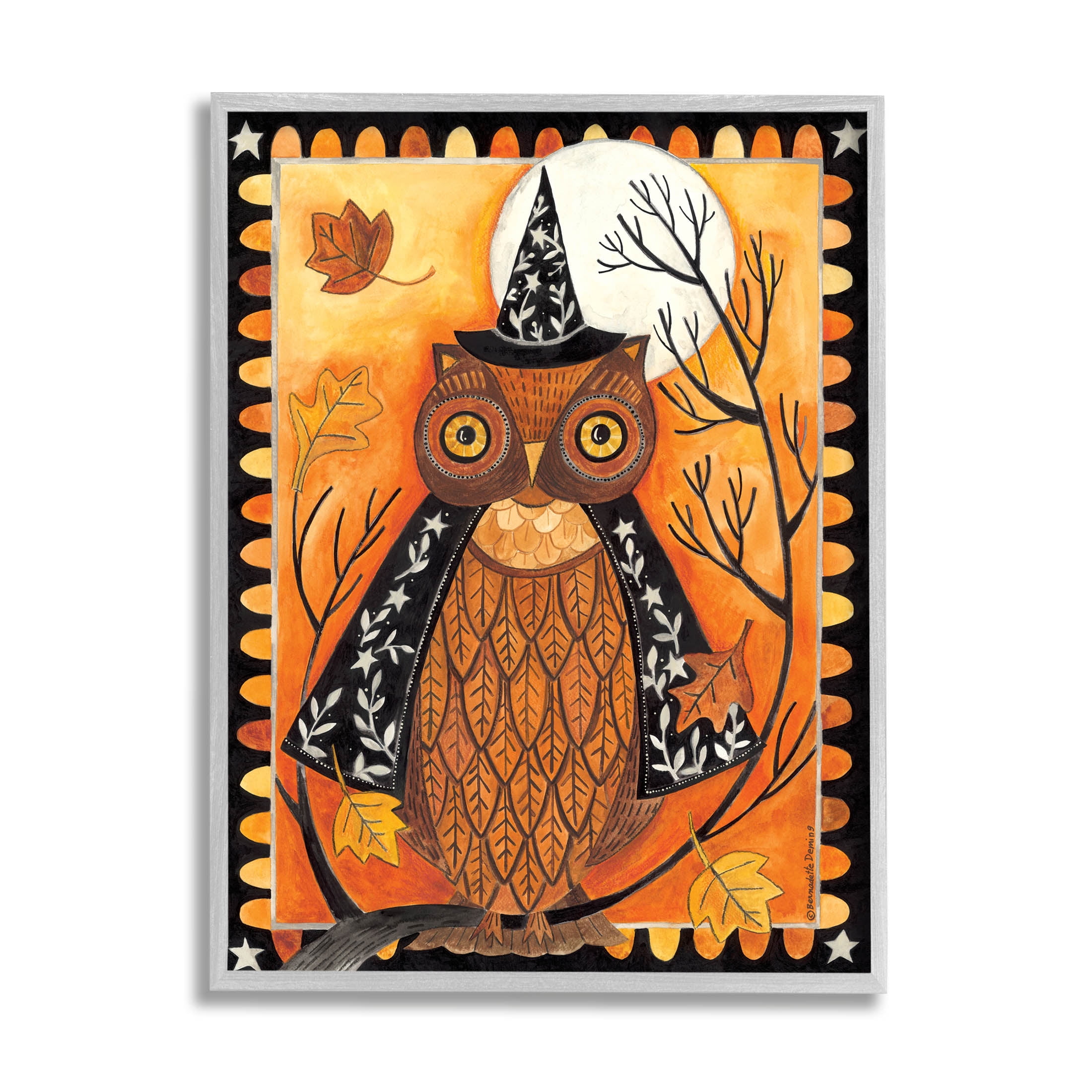Seasonal Autumn Owl Moonlit Night Holiday Graphic Art Gray Framed Art Print Wall Art