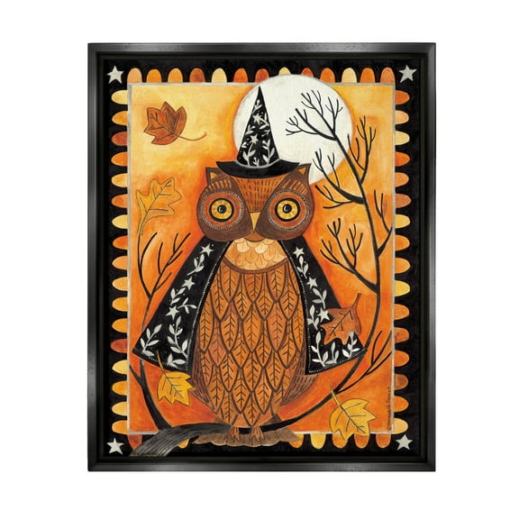 Seasonal Autumn Owl Moonlit Night Holiday Graphic Art Jet Black Framed Art Print Wall Art