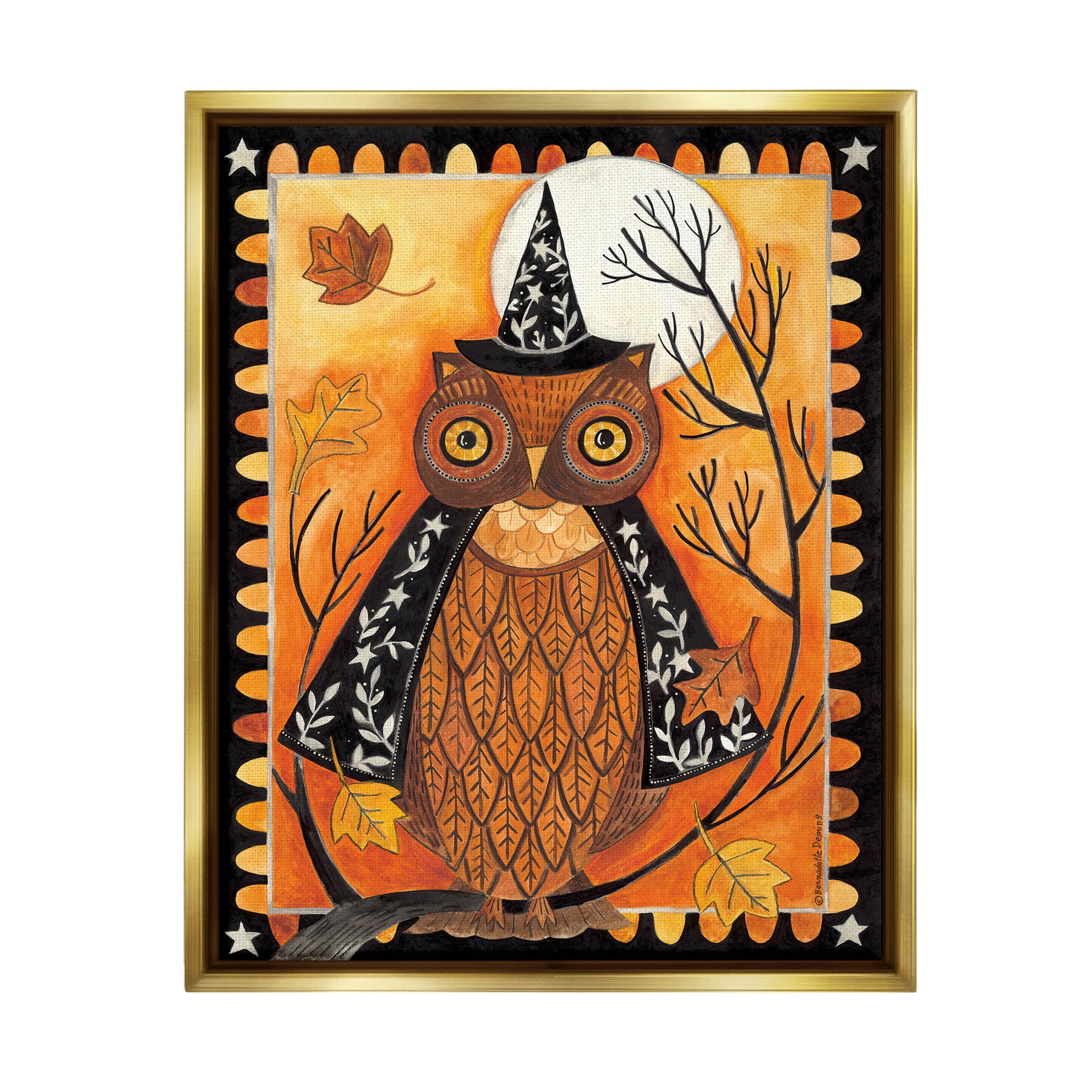 Seasonal Autumn Owl Moonlit Night Holiday Graphic Art Metallic Gold Framed Art Print Wall Art