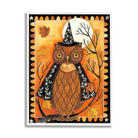 Seasonal Autumn Owl Moonlit Night Holiday Graphic Art White Framed Art Print Wall Art