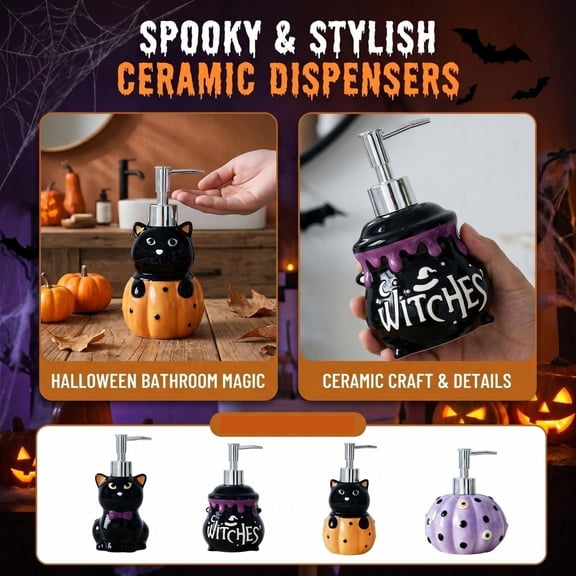 Seasonal Bathroom Accessory, Halloween Dispenser, Gothic Bathroom Decor, Black Cat Decor, Refillable Ceramic Pump Bottle for Hand and Lotion