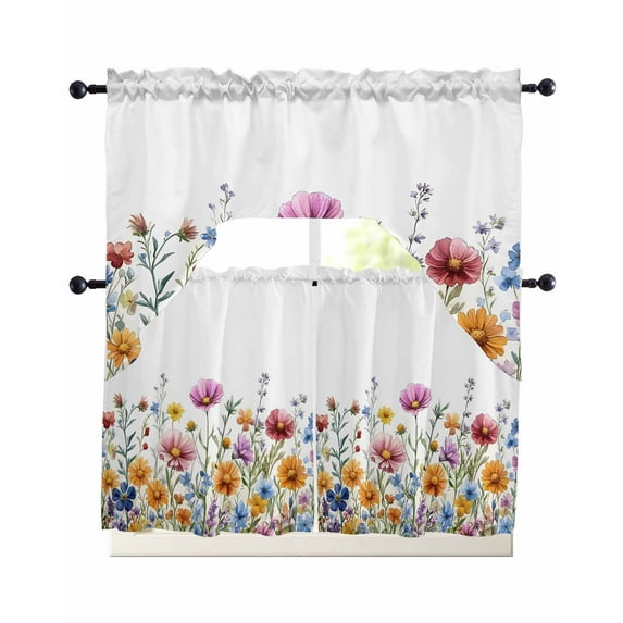 Seasonal Botanical Blooms Kitchen Curtains Sets 36 Inch Length with Valance, Watercolor Floral Swag Valances and Tiers Curtain Set Drapes Swag Curtains for Living Room, Bathroom, Bedroom, Cafe