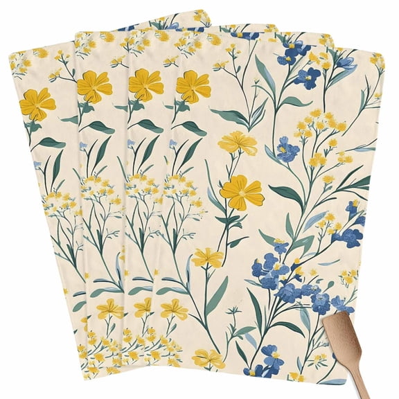 Seasonal Botanical Blooms Kitchen Towel Dish Cloths Set of 4, Microfiber Soft Kitchen Hand Towels, Blue Yellow Flowers Absorbent Quick Drying Dishcloths 18 x 28 Inches