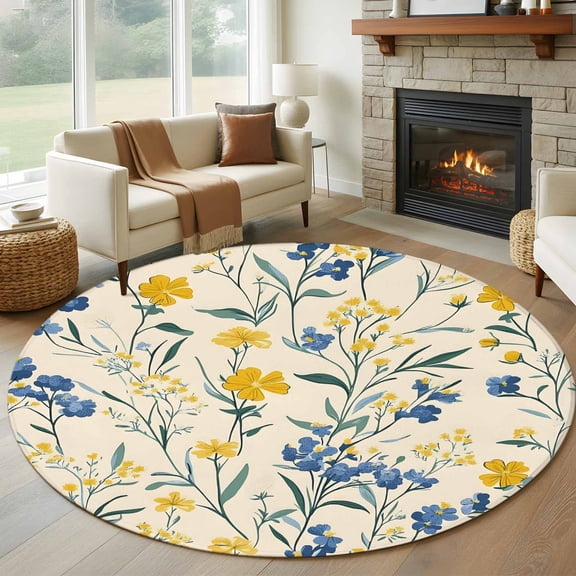 Seasonal Botanical Blooms Round Area Rug 6 FT, Non Slip Bedroom Rugs, Blue Yellow Flowers Washable Soft Circular Carpet Non-Shedding Floor Mat for Kitchen Dining Room Home Office Kids Room