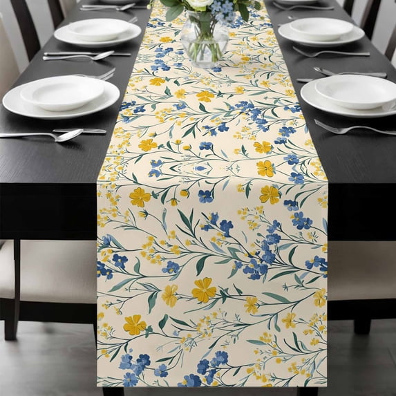 Seasonal Botanical Blooms Table Runner 72 Inches Long, Blue Yellow Flowers Kitchen Coffee Dining Table Decoration for Home Party Birthday Wedding Home Decor 13x72 Inches