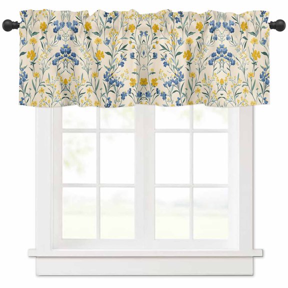 Seasonal Botanical Blooms Valances for Windows Farmhouse Kitchen Curtains Valances Rod Pocket Valance Curtains for Kitchen Windows Blue Yellow Flowers Window Valances for Bathroom Bedroom 42"x12"