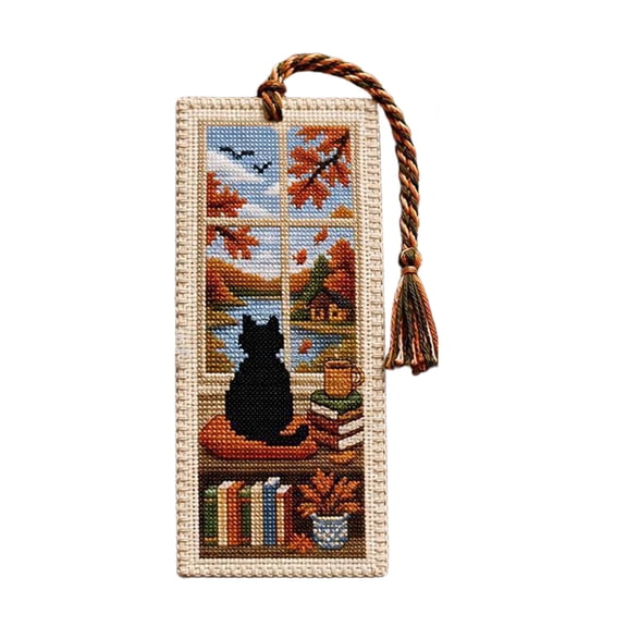 Seasonal Cat Bookmark with Tassel, Handmade Embroidered Window Scene Page Marker, Cozy Reading Companion for Book Lovers, Lightweight Fabric Bookmark with Four Seasons Design