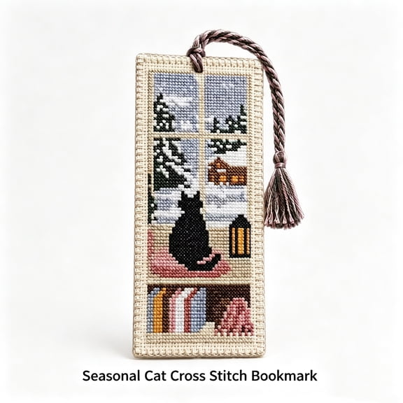 Seasonal Cat Cross Stitch Bookmark (DIY) – Cozy Reading Companion, Cute Black Cat Silhouette Seasons Window View Vintage Bookmark, Gifts for Students, Teachers、Cat Lovers or Avid Readers (Summer)