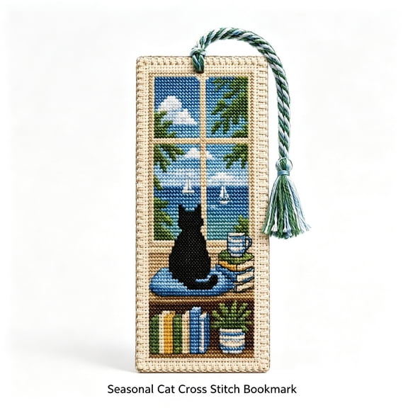 Seasonal Cat Cross Stitch Bookmark (DIY)– Cozy Reading Companion, Cute Black Cat Silhouette Seasons Window View Vintage Bookmark, Gifts for Students, Teachers、Cat Lovers or Avid Readers (Summer)
