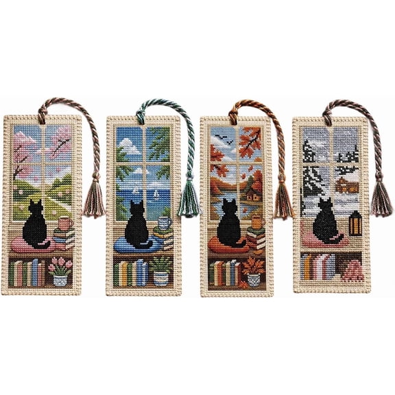 Seasonal Cat Cross Stitch Bookmark, Four Seasons DIY Stamped Embroidery Kit, Cozy Reading Companion Gift